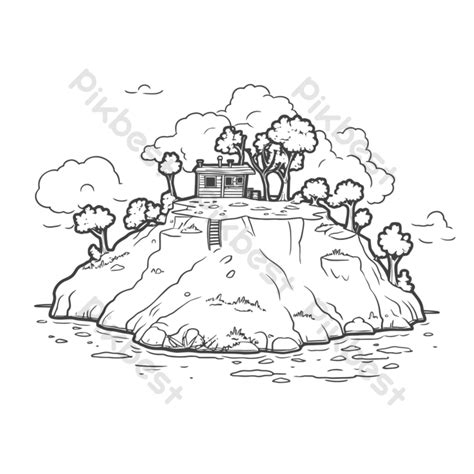 outline sketch coloring book doodle island house  trees vector