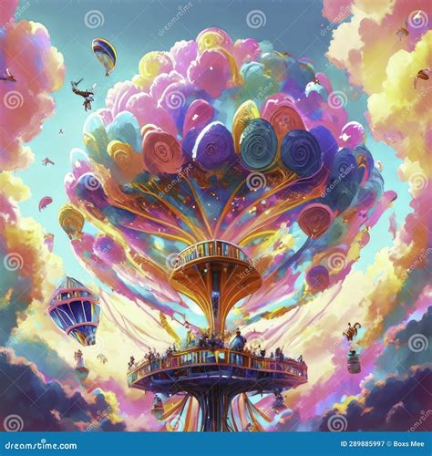 Fantasy Landscape With Fountain And Hot Air Balloon 3d Illustration