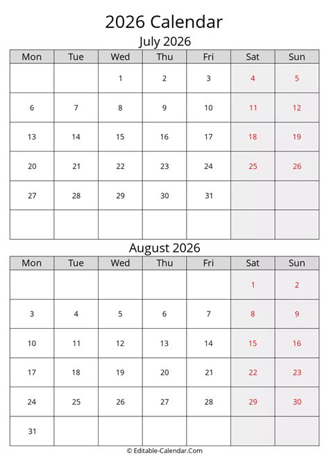 june july august  calendar