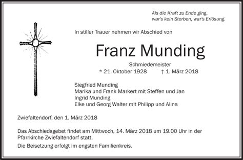 Traueranzeigen Von Franz Munding Schwaebische De Trauerportal