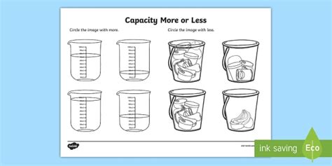 Capacity More Or Less Worksheet Worksheet Capacity Matching Cards EYFS