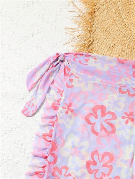 Tween Girl Bikini Swimsuit Set With Random Print And Ruffle Hem Design Without Locking Edge Shein