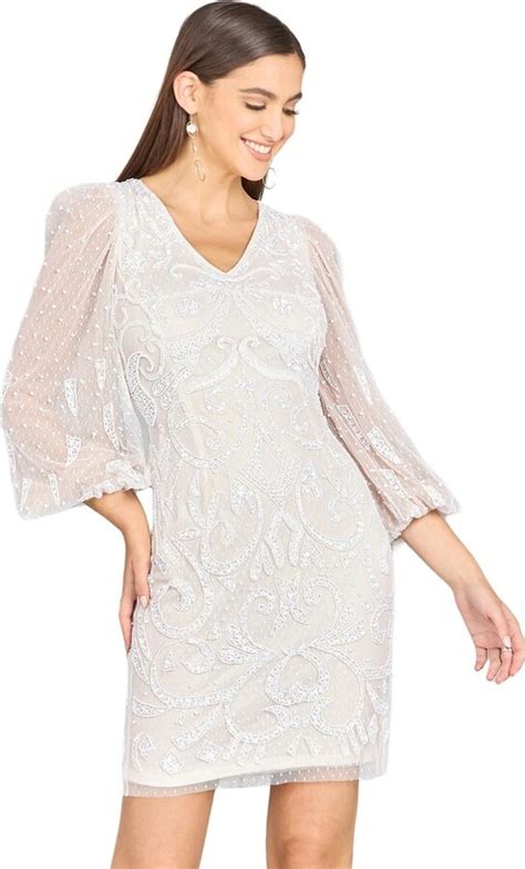 Lara Women S V Neck Balloon Sleeve Bridal Mini Dress Ivory Nude ShopStyle