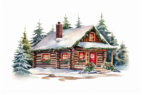 Christmas Winter Log Cabin Scene Red And Green Accents Watercolor