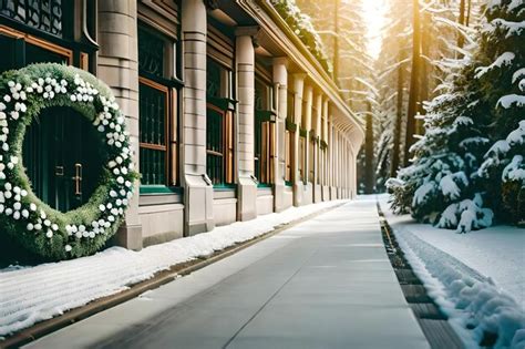 Premium Photo A Winter Scene With A Sidewalk And A Building With Snow