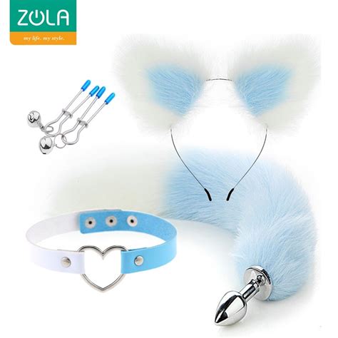 ZOLA Pcs Conjunto Cola De Zorro Butt Plug Metal Anal Hair Band Collar Clip De Pecho Juguete
