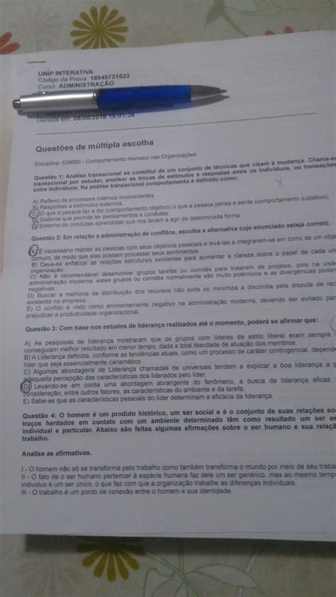 Comportamento Humano nas Organizações Unip Prova 40 Administração