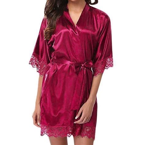 Femmes Lady Sexy Lace Sleepwear Satin Nightwear Lingerie Pyjamas Suit SFW91014311HTL Rose Vif