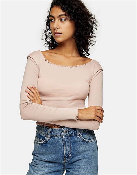 Topshop Lettuce Edge Long Sleeve Top In Rose Asos