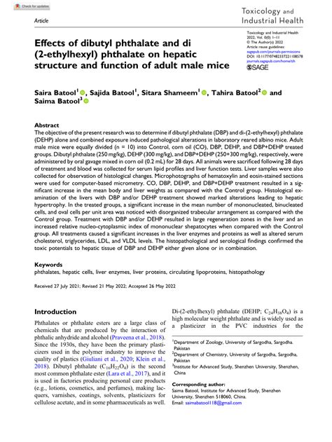 PDF Effects Of Dibutyl Phthalate And Di 2 Ethylhexyl Phthalate On