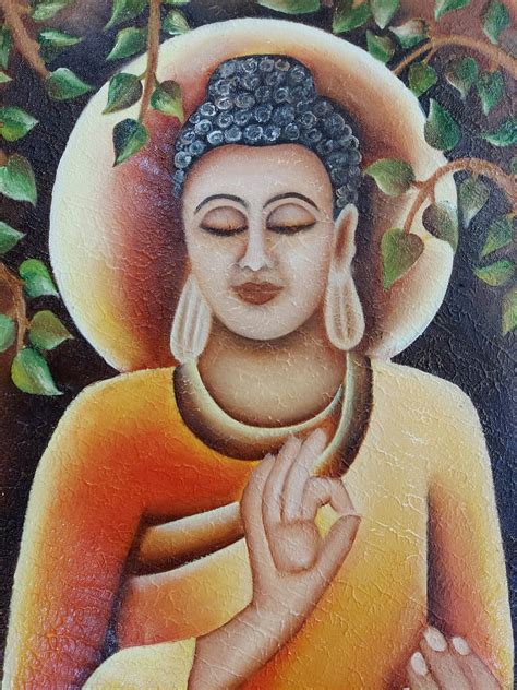 Vintage Oil Painting On Canvas Of Buddha Meditating Under Tree Oil