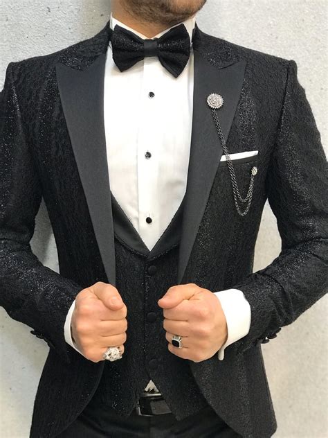 Buy Black Slim Fit Patterned Peak Lapel Tuxedo By Gentwith