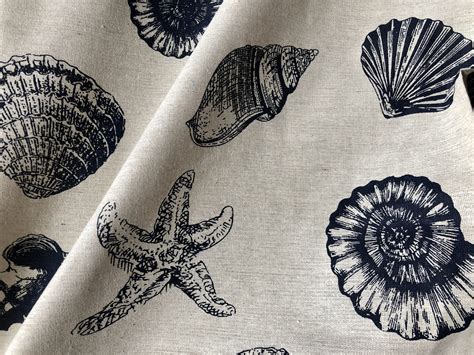 Ocean Beach Shell Star Cotton Linen Nautical Fabric Natural Dark Blue ...