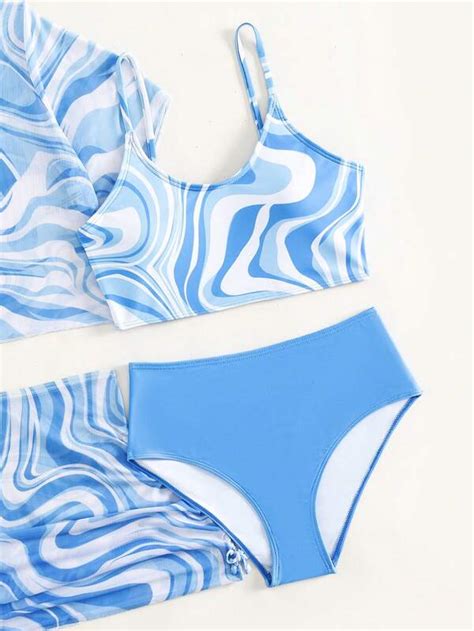 Chica adolescente Set Bañador bikini con patrón de fluido con cover up Moda de Mujer SHEIN