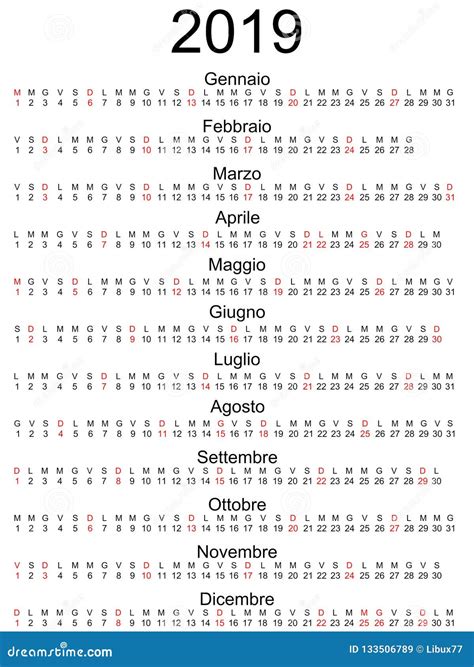 Calendar 2019 Italian Holidays Marked Stock Vector - Illustration of