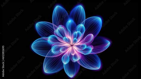 Multicolor neon light drawing, abstract shape flowers isolated on black ...