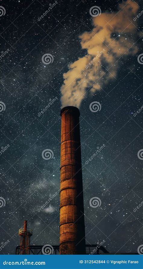 Industrial Smokestack Emitting Smoke Against Starry Night Sky Stock