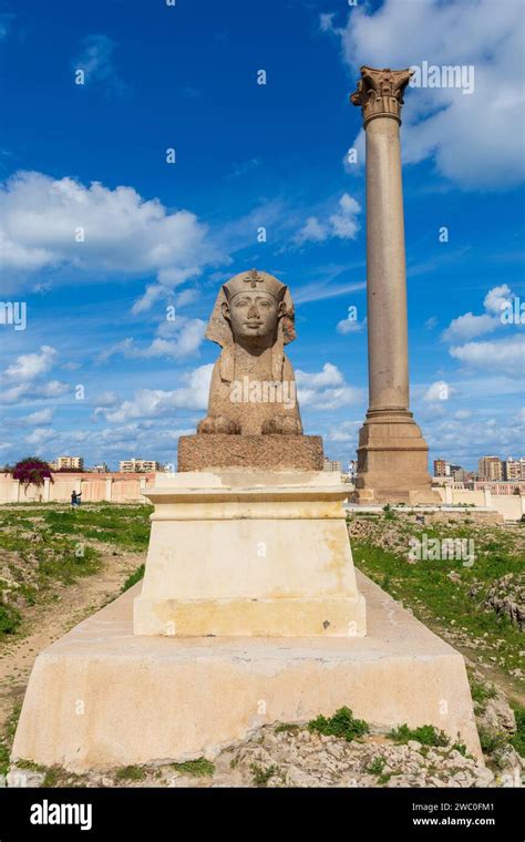 Sphinx And Giant Ancient Pompeys Pillar On Territory Of Serapeum Of