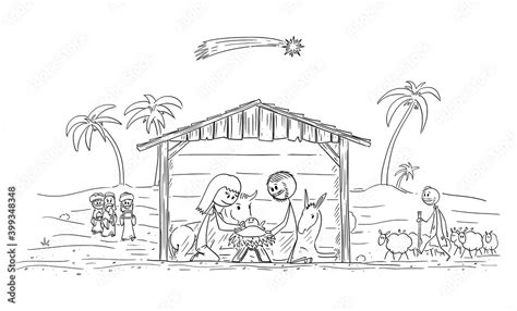 Vector cartoon stick figure illustration of nativity scene of infant ...