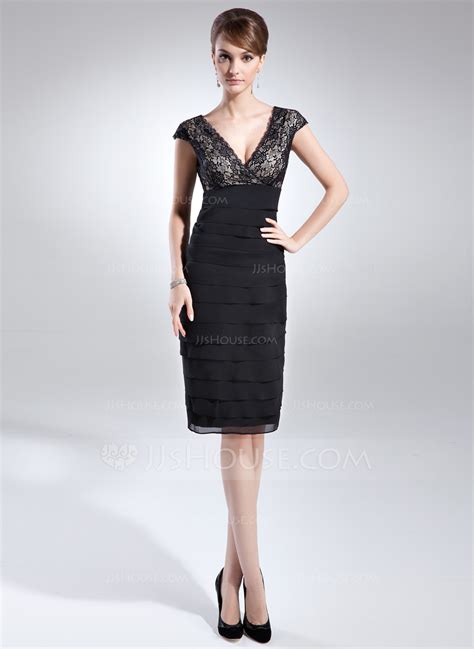 Sheathcolumn V Neck Knee Length Chiffon Lace Cocktail Dress With Ruffle 016008240 Jjs House