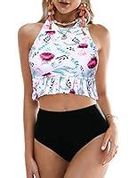 Tutorutor Womens High Waisted Piece Bikini Sets Sexy Floral Printed High Neck Mesh Halter