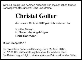 Traueranzeigen Von Christel Goller Trauer Nordkurier