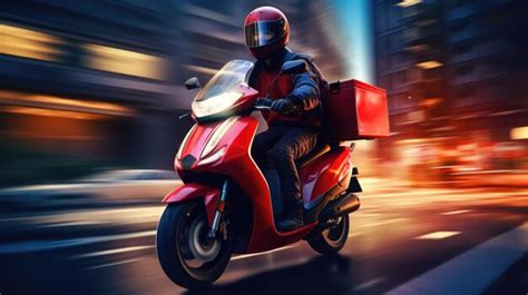 Premium Photo | Delivery person in a red uniform and helmet riding a ...