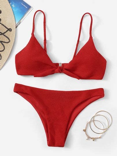 Zaful Knotted Ribbed High Cut Bikini Swimsuit S Red Artofit
