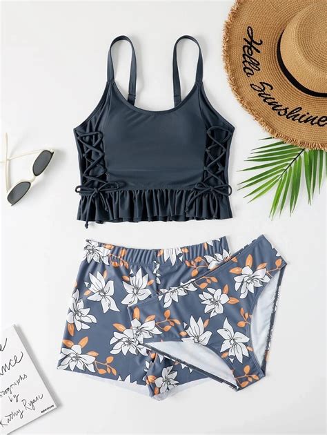 Pack Floral Print Lace Up Bikini Swimsuit Swim Shorts Women Swimwear Retro Bikini Set Summer