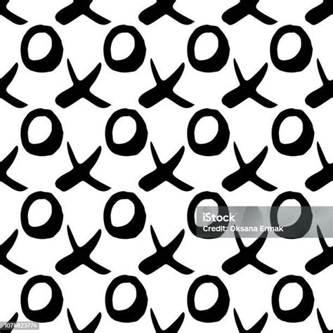 Black And White Hand Drawn Seamless Pattern With X And O Symbols Stock