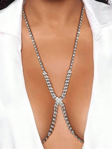 Sexy Simple Cross Rhinestone Decor Chest Chain Women S Personalized Beach Bikini Body Chain