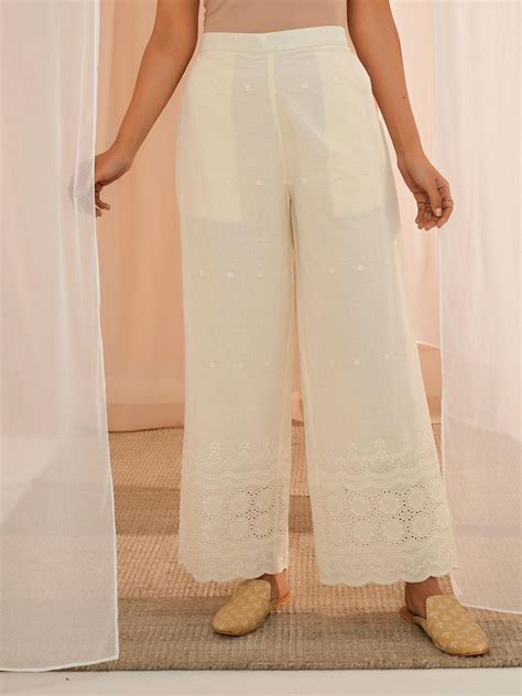 Buy Off White Embroidered Cotton Wide Leg Palazzos Online At Rs 799 Libas