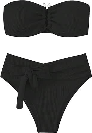 Amazon Wdirara Women S Piece Bikini Set Rib Knit Strapless Knot Front High Waist Swimsuit