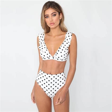 New Bikini Sexy V Neck Simple Dot Print Swimwear High Waist Ruffles