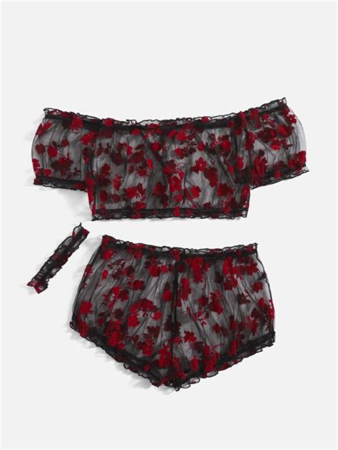 Floral Sheer Mesh Lingerie Set Choker Her Styls