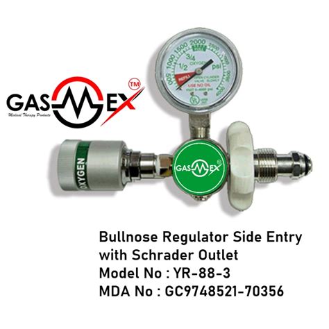 BULLNOSE REGULATOR FOR MEDICAL OXYGEN SIDE ENTRY WITH SCHRADER OUTLET