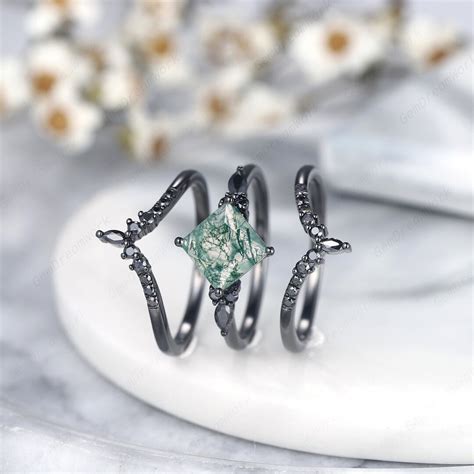 Pc Black Gold Moss Agate Engagement Ring Set Unique Rhodium Black