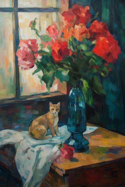 Una pintura de un gato sentado en una mesa junto a un jarrón de rosas