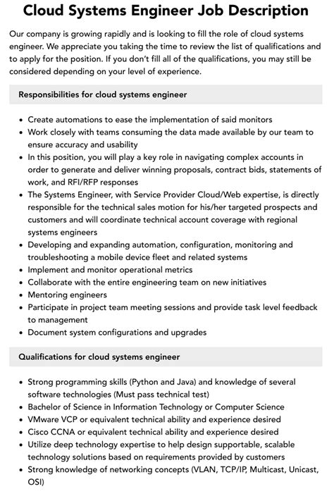 Cloud Systems Engineer Job Description Velvet Jobs