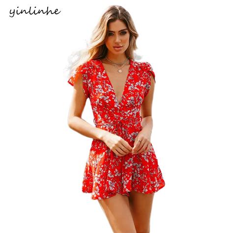 Yinlinhe Red Floral Playsuit Women V Neck Sexy Short Jumpsuit Romper Summer Playsuit Short