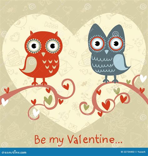 Valentine Love Card With Owls And Hearts Stock Vector Illustration Of