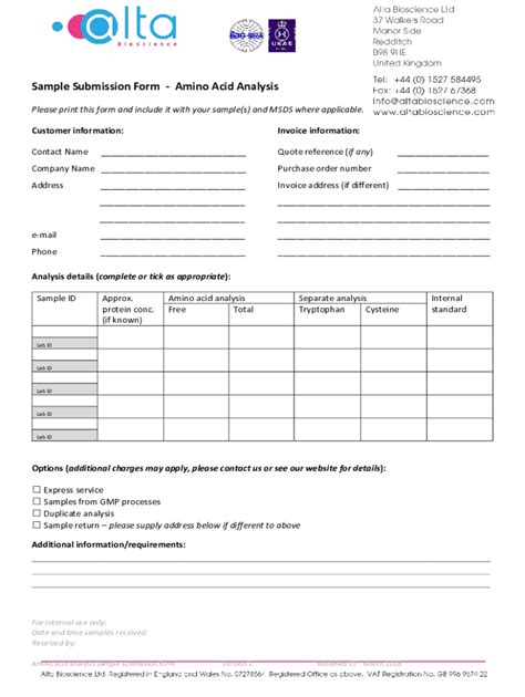 Fillable Online Sample Submission Form Aminoacid Analysis Service Fax