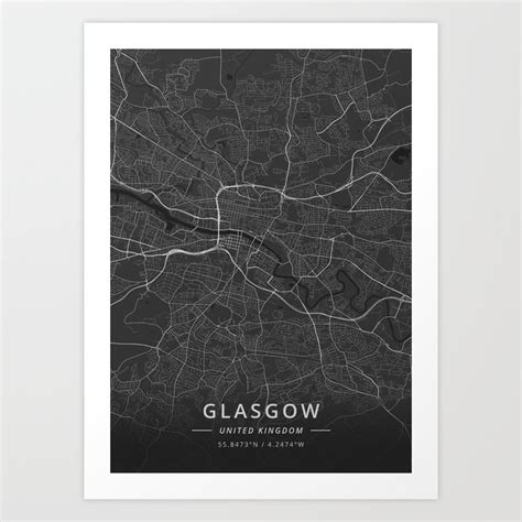 Glasgow, United Kingdom - Dark Map Art Print by Designer Map Art | Society6