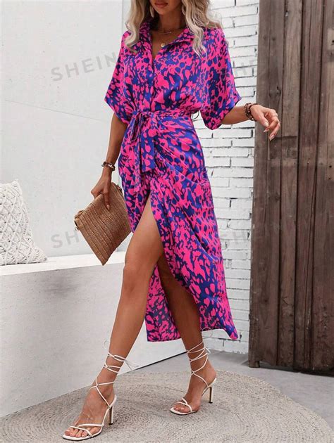 SHEIN VCAY Allover Print Batwing Sleeve Belted Shirt Dress SHEIN UK