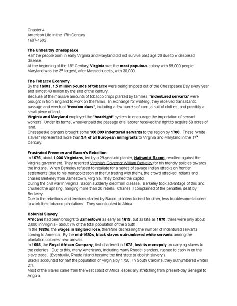 Chapter 4 - American Life in the 17th Century - Chapter 4 American Life