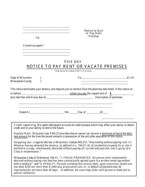 Milwaukee County Wisconsin Five Day Notice To Pay Rent Or Vacate