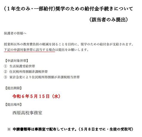 奨学のための給付金手続きについて1年生のみ・一部給付 沖縄県立西原高等学校