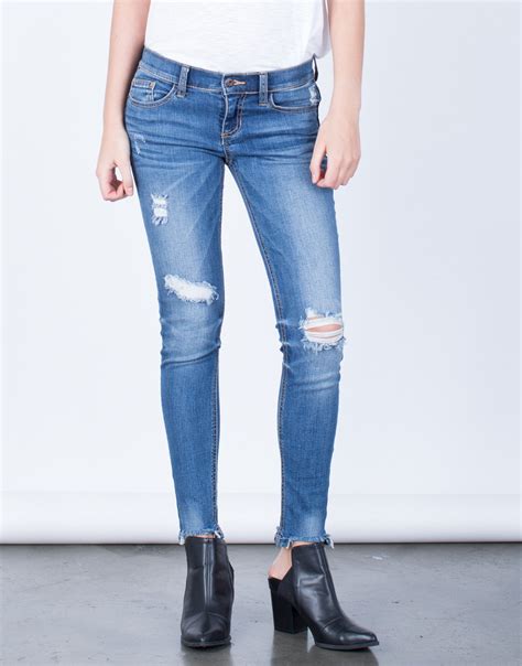 Frayed Hem Skinny Jeans Blue Skinny Jeans Cropped Ankle Jeans 2020ave