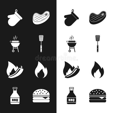 Set Barbecue Spatula Grilled Shish Kebab Oven Glove Steak Meat Hot Chili Pepper Pod Fire