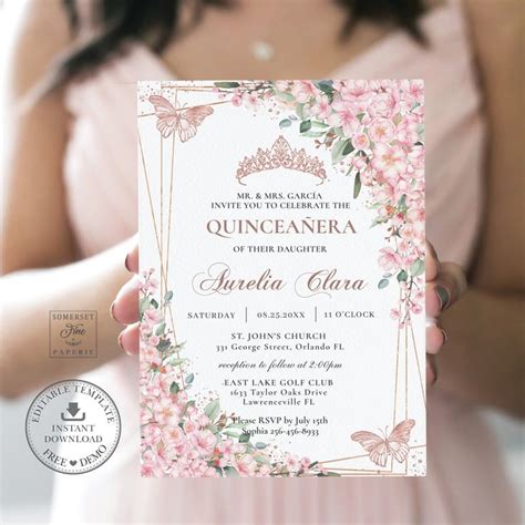 Cherry Blossoms Floral Rose Gold Quinceañera Invitation Printable